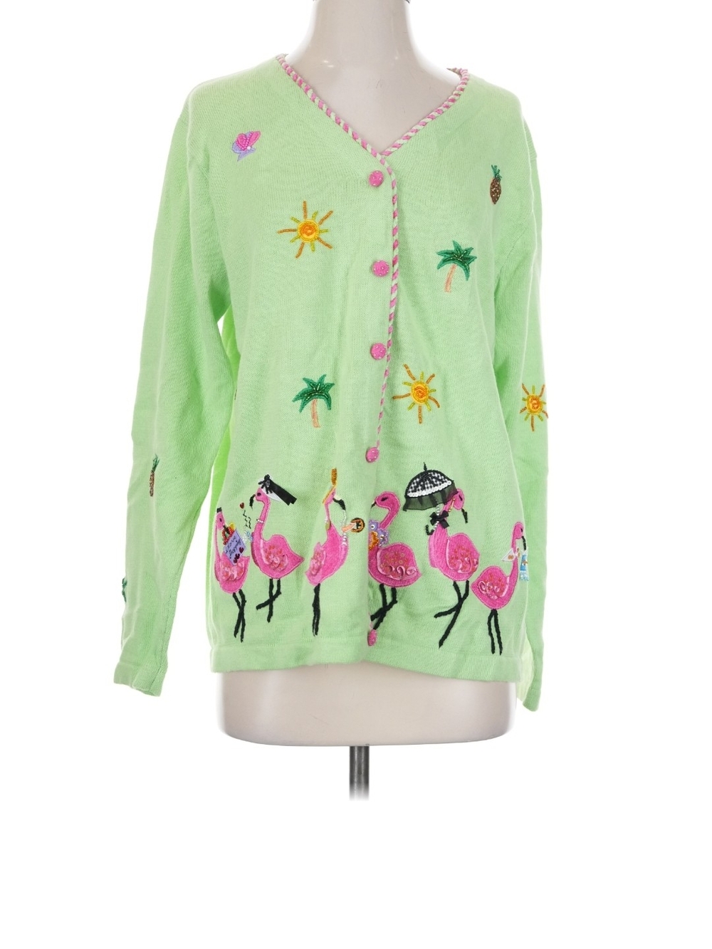Quacker Factory Light Green V-Neck Flamingo Embroidered Cardigan Loose Fit